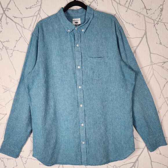 Old Navy Blue Linen Cotton Blend Slim Fit Button Front Shirt - Picture 1 of 4